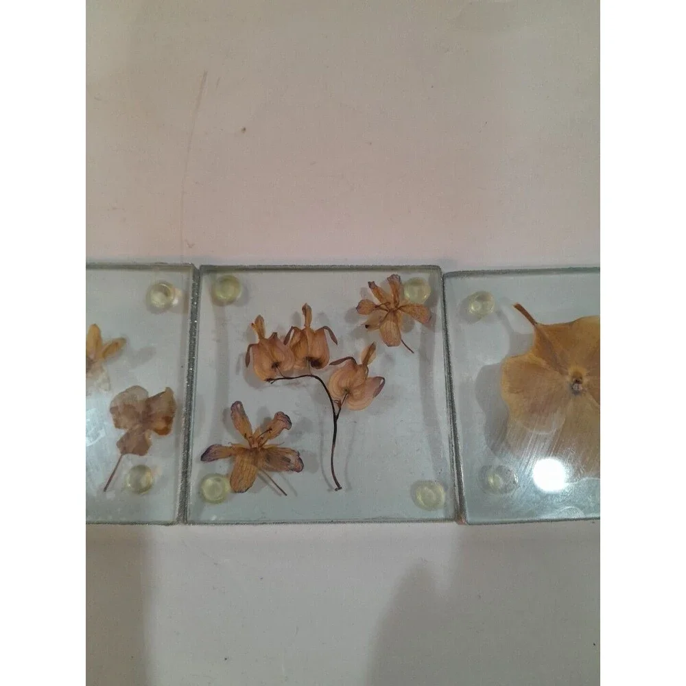 Vintage Coasters Glass Pressed Dried Flowers, Footed, Lot of 4